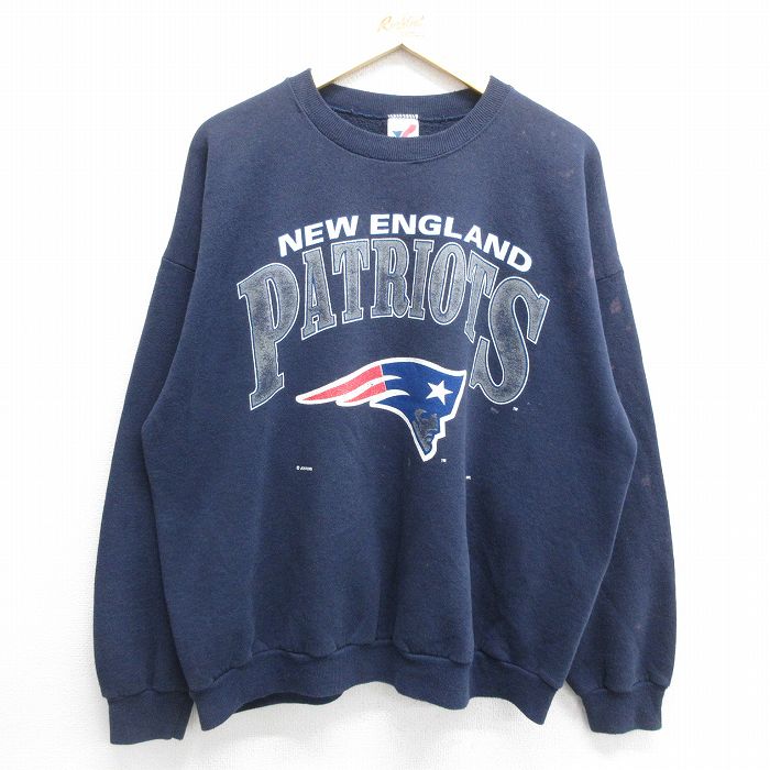 XL★古着 ARTEX 長袖 スウェット メンズ 90年代 90s NFL ニューイングランドペイトリオッツ 大きいサイズ クルーネック USA製 紺 ネイビー アメフト スーパーボウル 24mar04 中古 スエット トレーナー トップス