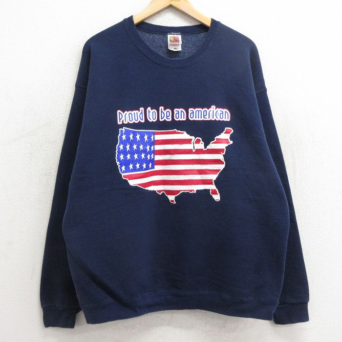 XL★古着 フルーツオブザルーム 長袖 スウェット メンズ 00年代 00s 星条旗 アメリカン クルーネック 紺 ネイビー 24apr22 中古 スエット トレーナー トップス