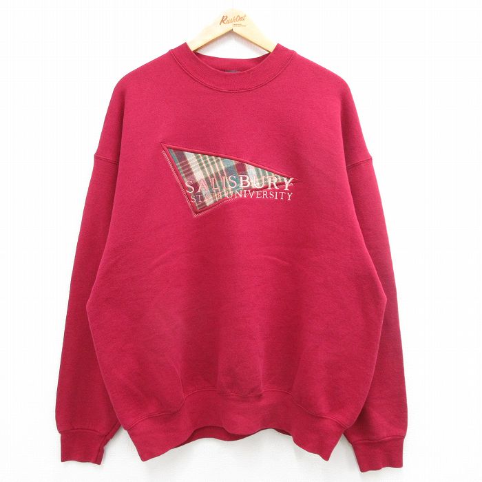 XL★古着 長袖 スウェット メンズ ソールズベリー 大学 大きいサイズ クルーネック 赤系 レッド 24apr25 中古 スエット トレーナー トップス