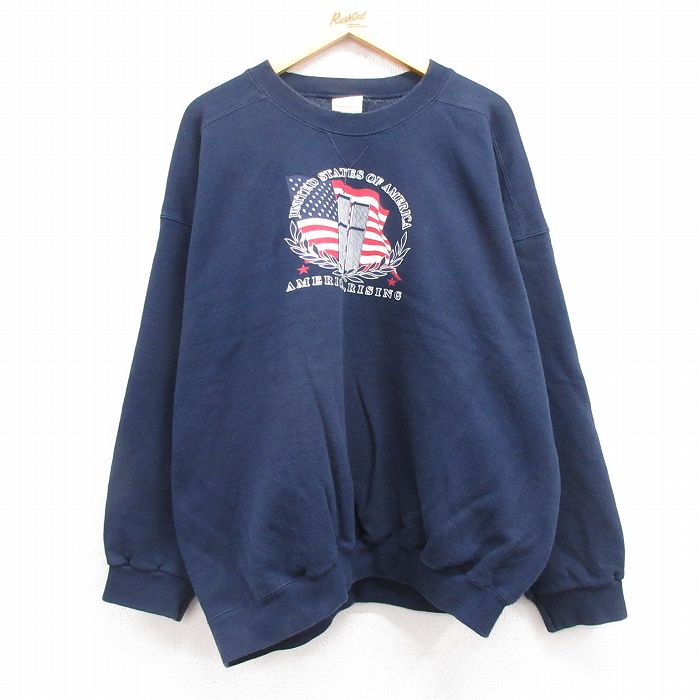 XL★古着 長袖 スウェット メンズ 00年代 00s 星条旗 ビル 大きいサイズ クルーネック 紺 ネイビー 24may08 中古 スエット トレーナー トップス