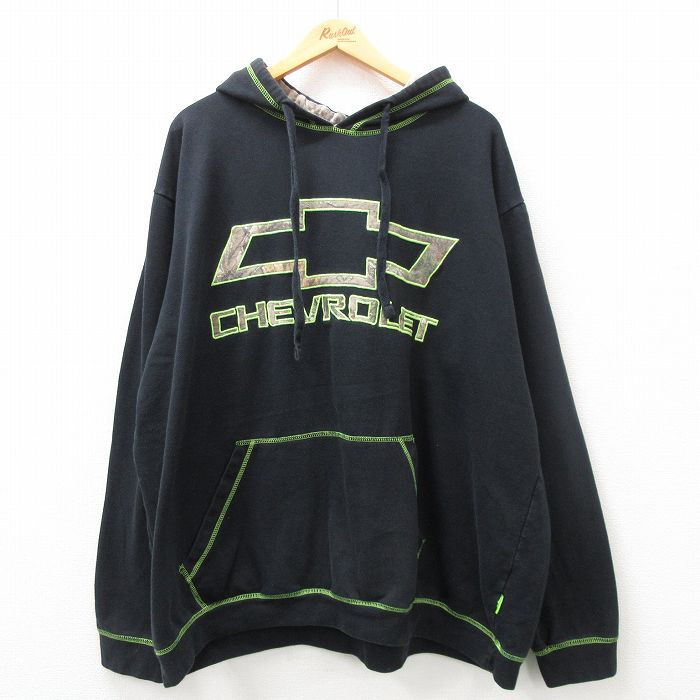XL★古着 長袖 スウェット パーカー メンズ シボレー 刺繍 大きいサイズ 黒 ブラック 24may10 中古 スエット トレーナー トップス
