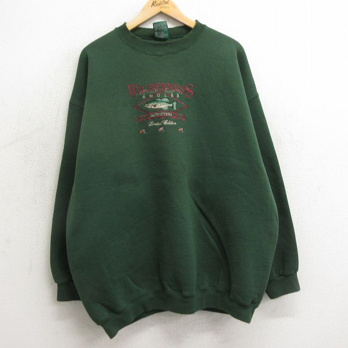 【50%OFF】XL★古着 長袖 スウェット メンズ 90年代 90s 魚 刺繍 大きいサイズ クルーネック USA製 緑 グリーン 24may10 中古 スエット トレーナー トップス