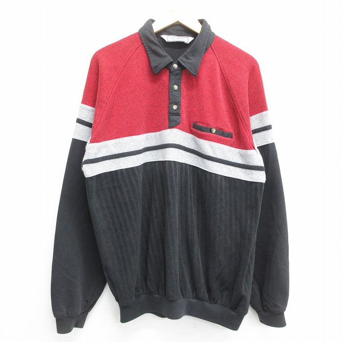XL★古着 長袖 スウェット メンズ 00年代 00s 胸ポケット付き 襟付き ラグラン 黒他 ブラック 24may11 中古 スエット トレーナー トップス