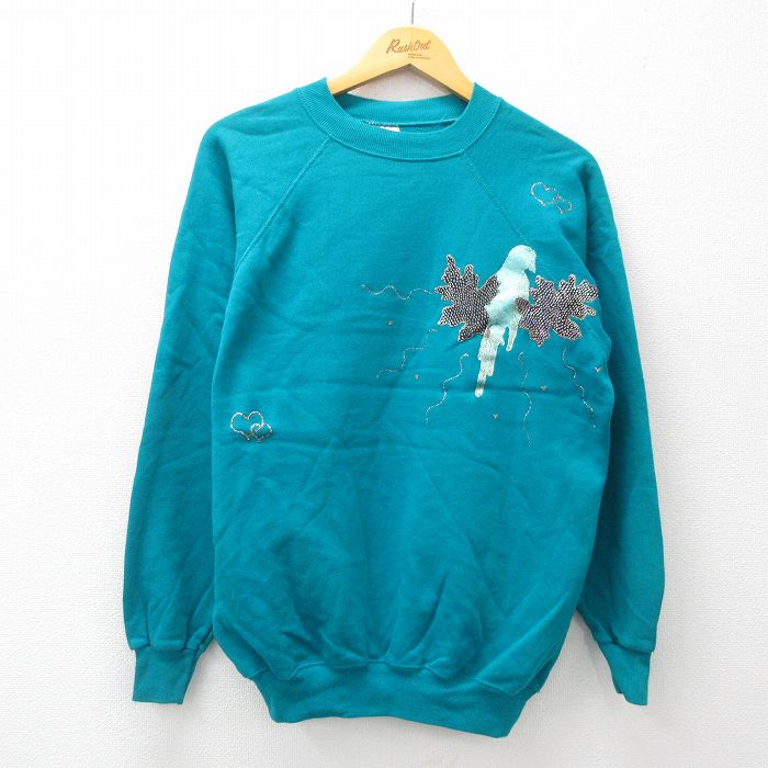 XL★古着 ヘインズ Hanes 長袖 スウェット メンズ 90年代 90s 鳥 ハート ラメ ハンドペイント ラグラン クルーネック USA製 青緑 24aug24 中古 スエット トレーナー トップス