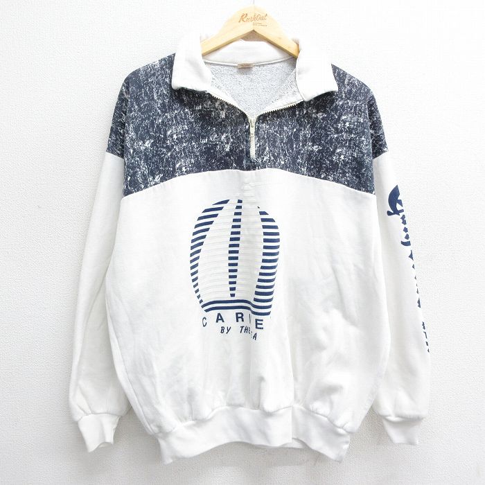 XL★古着 長袖 ハーフジップ スウェット メンズ 90年代 90s CARMEL カリフォルニア 大きいサイズ ツートンカラー USA製 白他 ホワイト 24aug26 中古 スエット トレーナー トップス