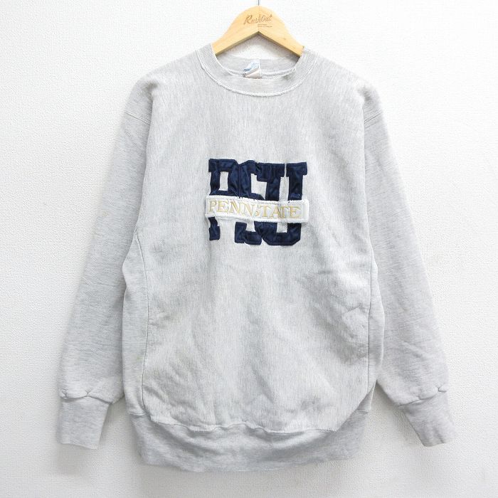 L★古着 長袖 スウェット メンズ 00年代 00s ペンシルベニア 刺繍 ボロ クルーネック 薄グレー 霜降り 【spe】 24aug26 中古 スエット トレーナー トップス