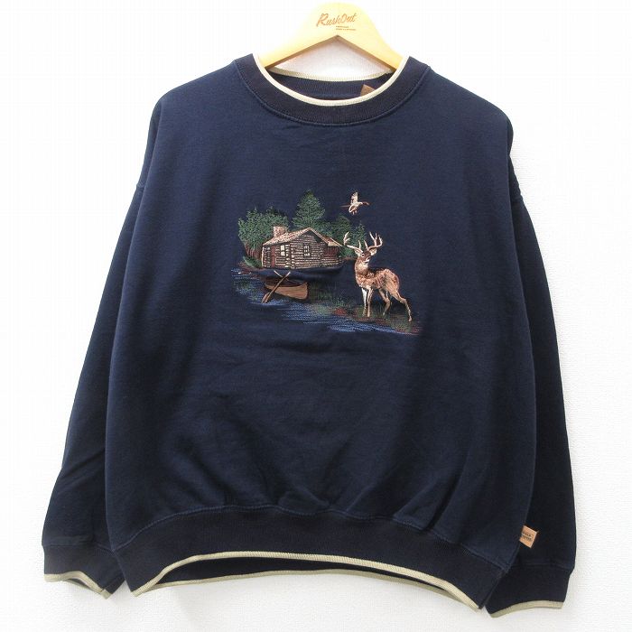 XL★古着 長袖 スウェット メンズ シカ 刺繍 大きいサイズ クルーネック 濃紺 ネイビー 24aug26 中古 スエット トレーナー トップス