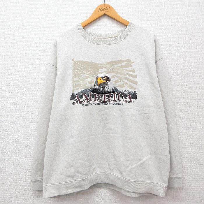 【50%OFF】XL★古着 長袖 スウェット メンズ ワシ 星条旗 大きいサイズ クルーネック 薄グレー 霜降り 24aug26 中古 スエット トレーナー トップス