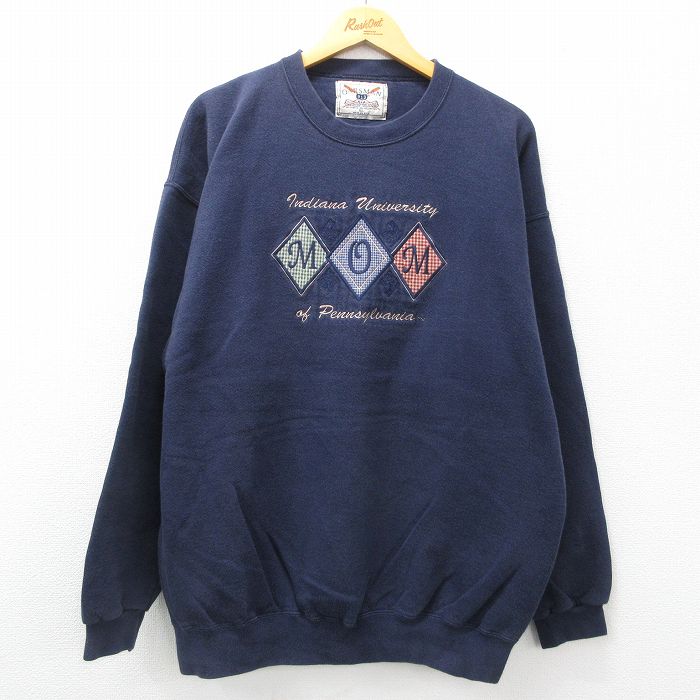 XL★古着 長袖 スウェット メンズ 90年代 90s MOM 刺繍 クルーネック USA製 紺 ネイビー 24aug29 中古 スエット トレーナー トップス