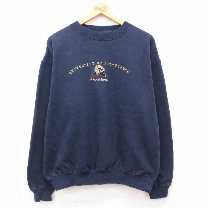 XL★古着 長袖 スウェット メンズ 00年代 00s ピッツバーグ大学 パンサーズ 刺繍 大きいサイズ クルーネック 紺 ネイビー 24aug29 中古 スエット トレーナー トップス