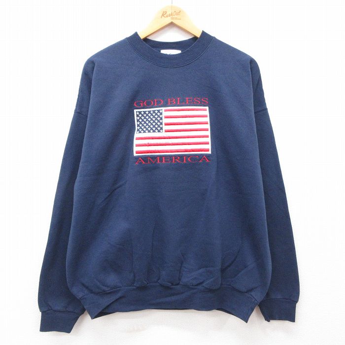 XL★古着 長袖 スウェット メンズ 00年代 00s 星条旗 刺繍 クルーネック 紺 ネイビー 24aug29 中古 スエット トレーナー トップス