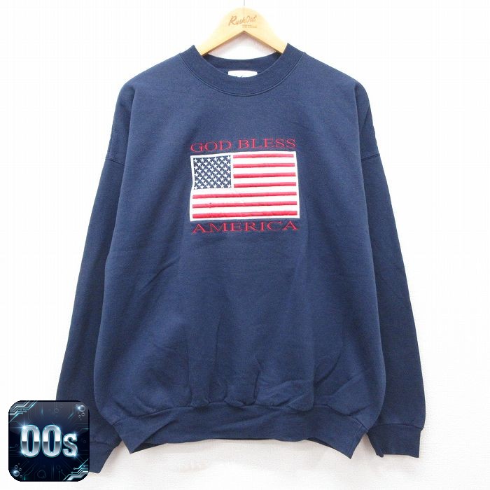 【50%OFF】00s 長袖スウェット 星条旗刺繍 ネイビー XL | 古着