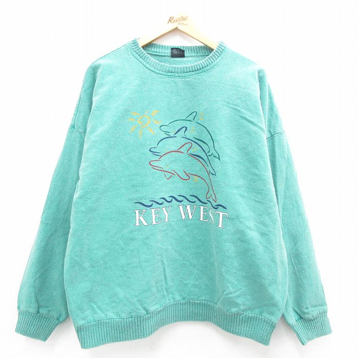 【50%OFF】XL★古着 長袖 トップス メンズ 90年代 90s キーウエスト イルカ 大きいサイズ コットン クルーネック 緑 グリーン 霜降り 24aug29 中古 スエット トレーナー