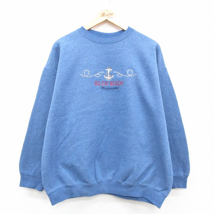 XL★古着 長袖 スウェット メンズ 90年代 90s ビロクシビーチ イカリ クルーネック USA製 薄紺 ネイビー 霜降り 24aug30 中古 スエット トレーナー トップス