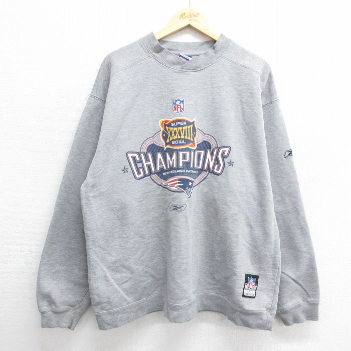 【50%OFF】XL★古着 リーボック REEBOK 長袖 スウェット メンズ 00年代 00s NFL ニューイングランドペイトリオッツ 大きいサイズ クルーネック グレー 霜降り アメフト スーパーボウル 24aug31 中古 スエット トレーナー トップス