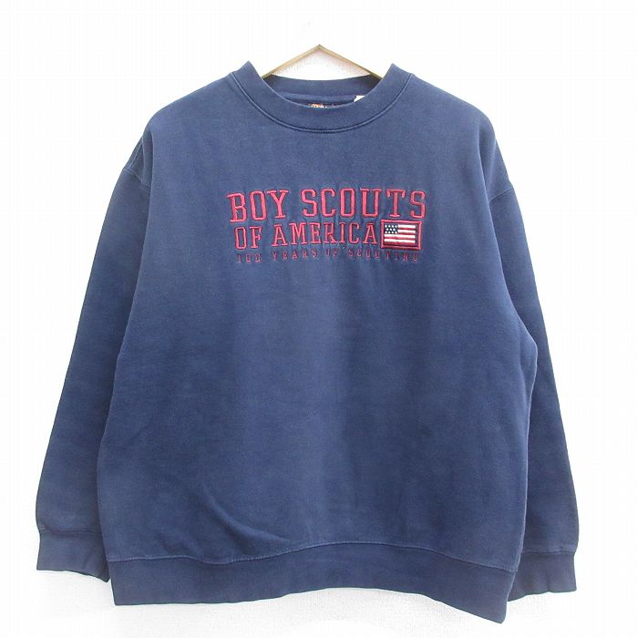 XL★古着 長袖 スウェット メンズ 00年代 00s ボーイスカウト 星条旗 刺繍 クルーネック 紺 ネイビー 24sep02 中古 スエット トレーナー トップス