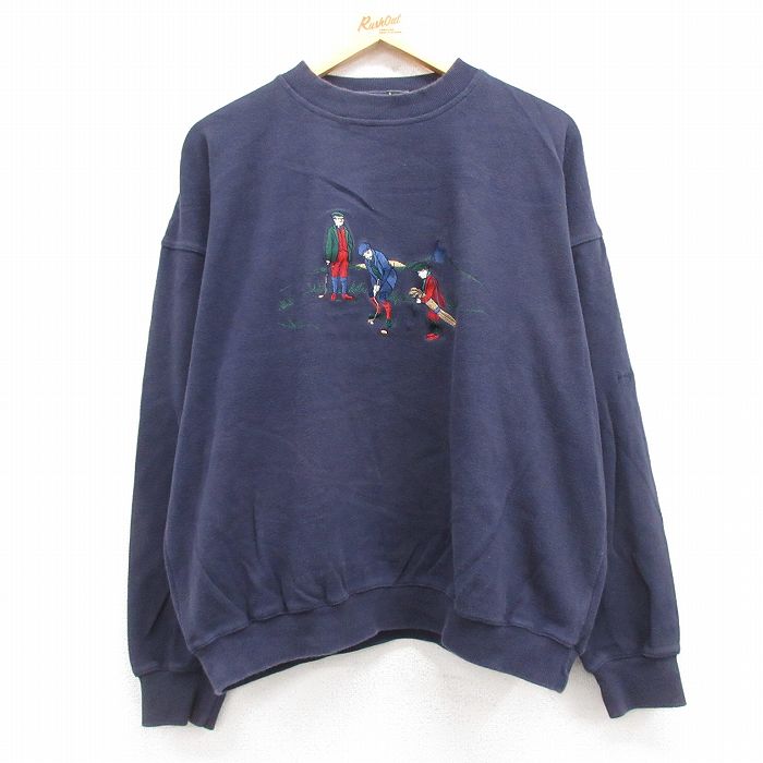 XL★古着 長袖 スウェット メンズ 00年代 00s ゴルフ 刺繍 大きいサイズ コットン クルーネック 紺 ネイビー 24sep02 中古 スエット トレーナー トップス
