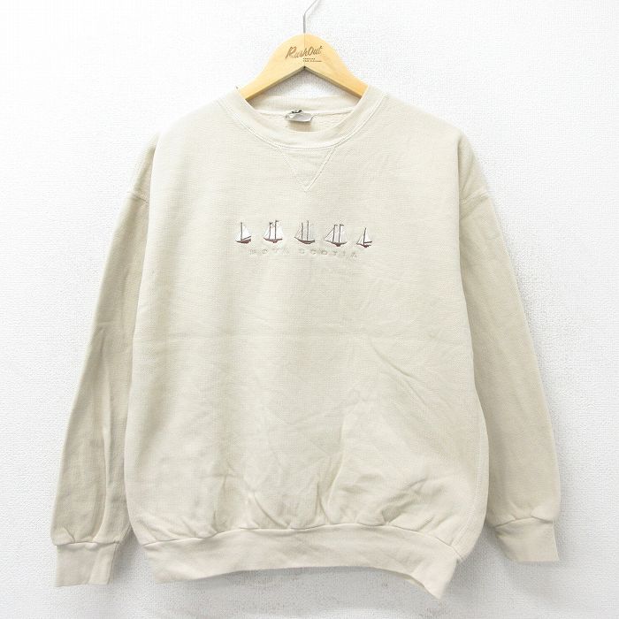 【50%OFF】L★古着 長袖 スウェット メンズ 00年代 00s 船 刺繍 鹿の子 クルーネック ベージュ カーキ 24sep03 中古 スエット トレーナー トップス