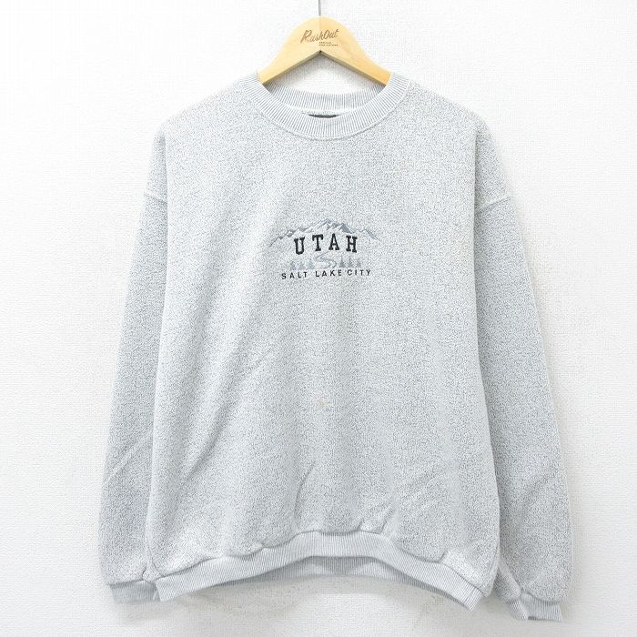XL★古着 長袖 スウェット メンズ 90年代 90s ユタ 刺繍 クルーネック USA製 薄グレー 24sep04 中古 スエット トレーナー トップス