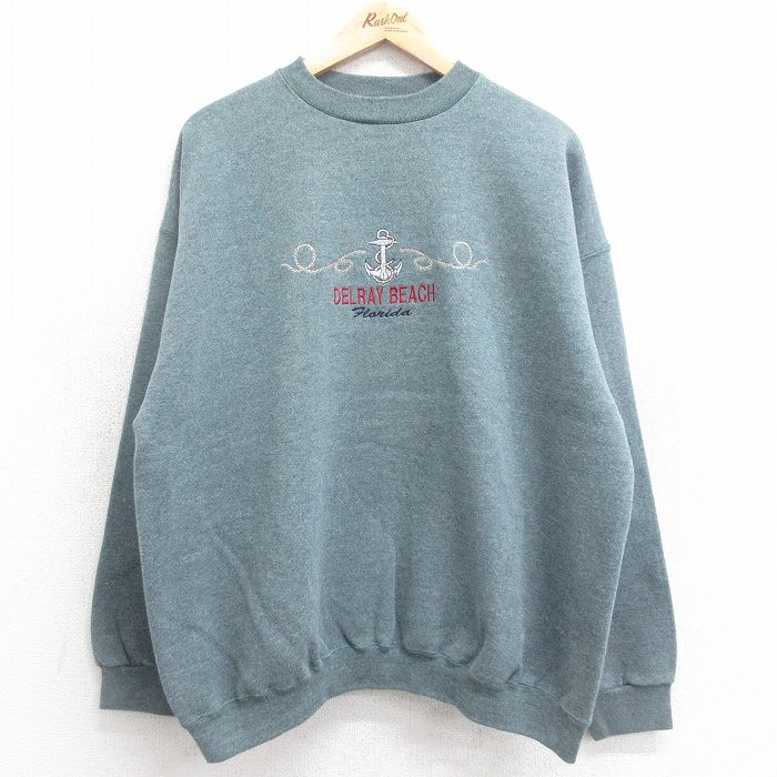 XL★古着 TULTEX 長袖 スウェット メンズ 90年代 90s イカリ DELRAY BEACH 刺繍 大きいサイズ クルーネック USA製 緑系 グリーン 霜降り 24sep04 中古 スエット トレーナー トップス