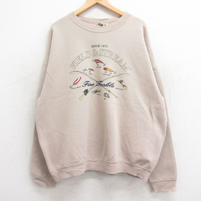 XL★古着 長袖 スウェット メンズ 90年代 90s 釣り ルアー 大きいサイズ クルーネック USA製 ベージュ カーキ 24sep04 中古 スエット トレーナー トップス