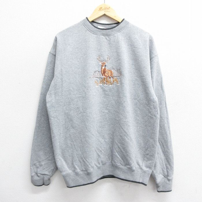 XL★古着 長袖 スウェット メンズ 00年代 00s シカ 刺繍 クルーネック グレー他 霜降り 24sep05 中古 スエット トレーナー トップス