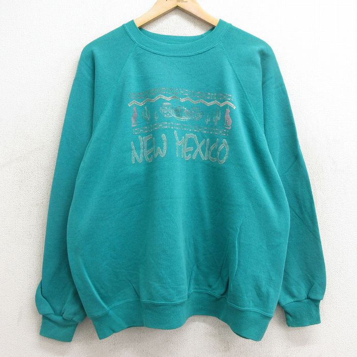 XL★古着 ヘインズ Hanes 長袖 スウェット メンズ 90年代 90s メキシコ ラグラン クルーネック USA製 青緑系 24sep09 中古 スエット トレーナー トップス