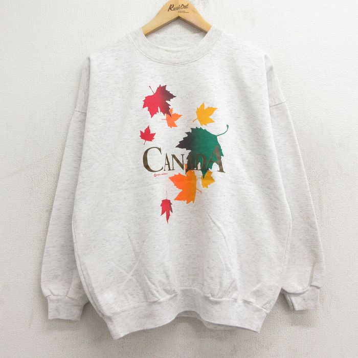 XL★古着 長袖 スウェット メンズ 90年代 90s 葉 クルーネック　カナダ製 薄グレー 霜降り 24sep09 中古 スエット トレーナー トップス
