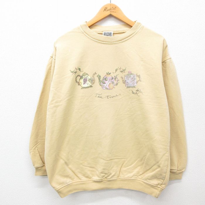 XL★古着 長袖 スウェット メンズ 90年代 90s Teatime コットン クルーネック カナダ製 黄 イエロー 24sep10 中古 スエット トレーナー トップス