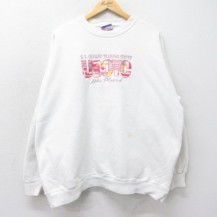 XL★古着 ヘインズ Hanes 長袖 スウェット メンズ 90年代 90s USTOC 刺繍 大きいサイズ クルーネック USA製 白 ホワイト 24sep10 中古 スエット トレーナー トップス