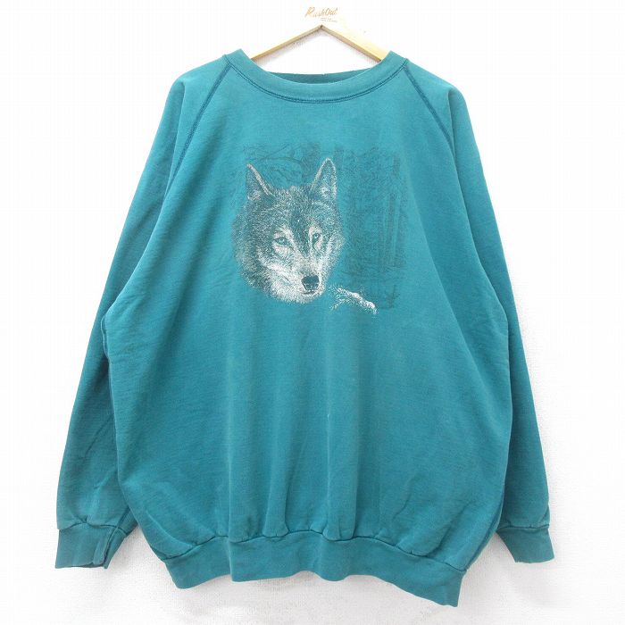 【50%OFF】XL★古着 長袖 スウェット メンズ 00年代 00s オオカミ ラグラン 大きいサイズ クルーネック 青緑 24sep13 中古 スエット トレーナー トップス