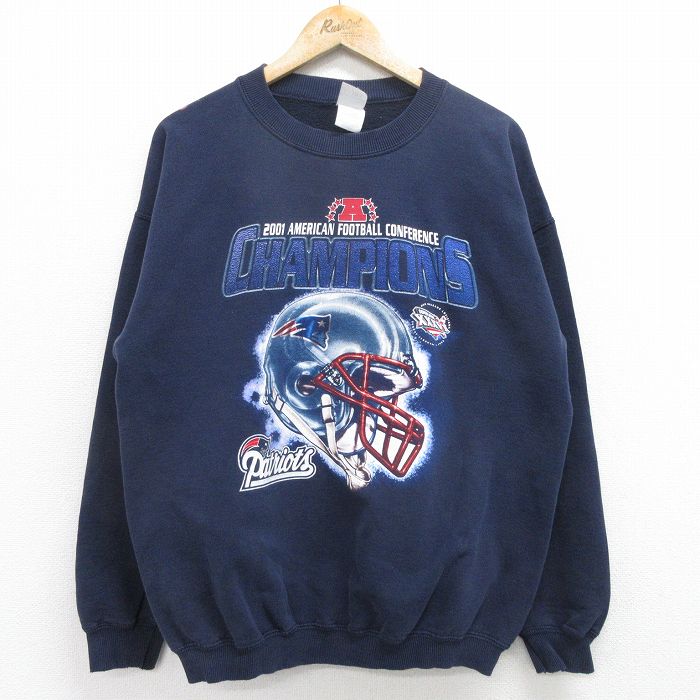 【20%OFF】XL★古着 長袖 スウェット メンズ 00年代 00s NFL ニューイングランドペイトリオッツ クルーネック 紺 ネイビー アメフト スーパーボウル 24sep13 中古 スエット トレーナー トップス