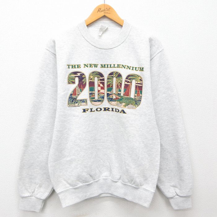 S★古着 長袖 スウェット メンズ 00年代 00s フロリダ ワニ クルーネック USA製 薄グレー 霜降り 24sep14 中古 スエット トレーナー トップス