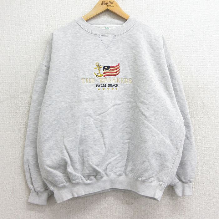 XL★古着 長袖 スウェット メンズ 90年代 90s 星条旗 BREAKERS 刺繍 大きいサイズ クルーネック 薄グレー 霜降り 24sep17 中古 スエット トレーナー トップス