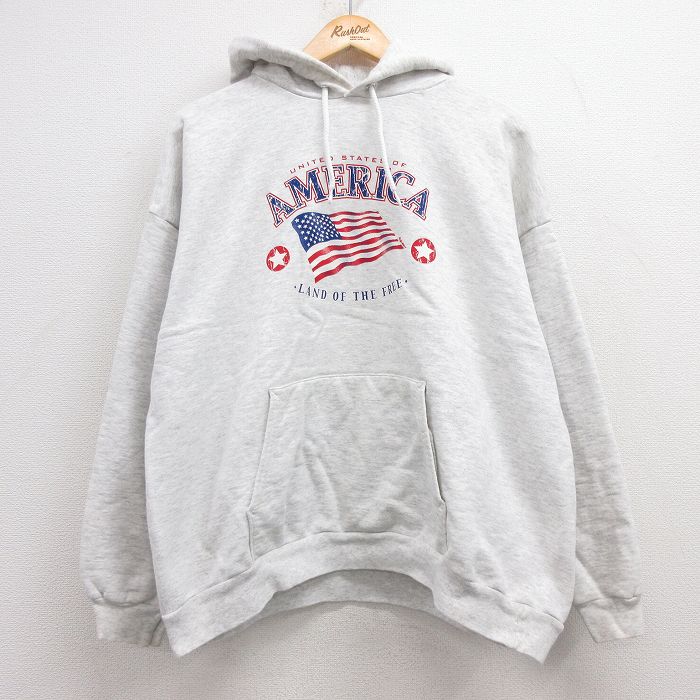 【50%OFF】XL★古着 ヘインズ Hanes 長袖 スウェット パーカー メンズ 00年代 00s 星条旗 薄グレー 霜降り 24sep17 中古 スエット トレーナー トップス