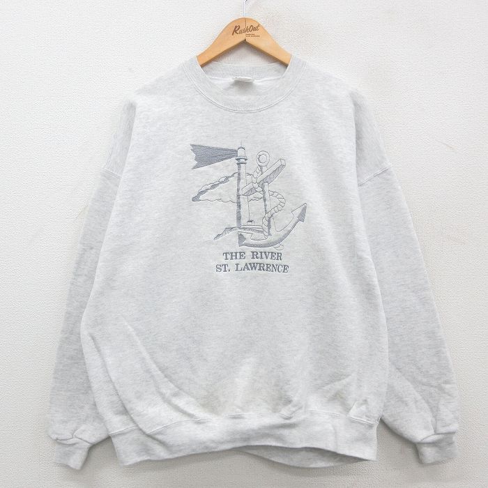 【50%OFF】XL★古着 ジャージーズ 長袖 スウェット メンズ 00年代 00s 灯台 セントローレンス 刺繍 大きいサイズ クルーネック グレー 霜降り 24sep18 中古 スエット トレーナー トップス
