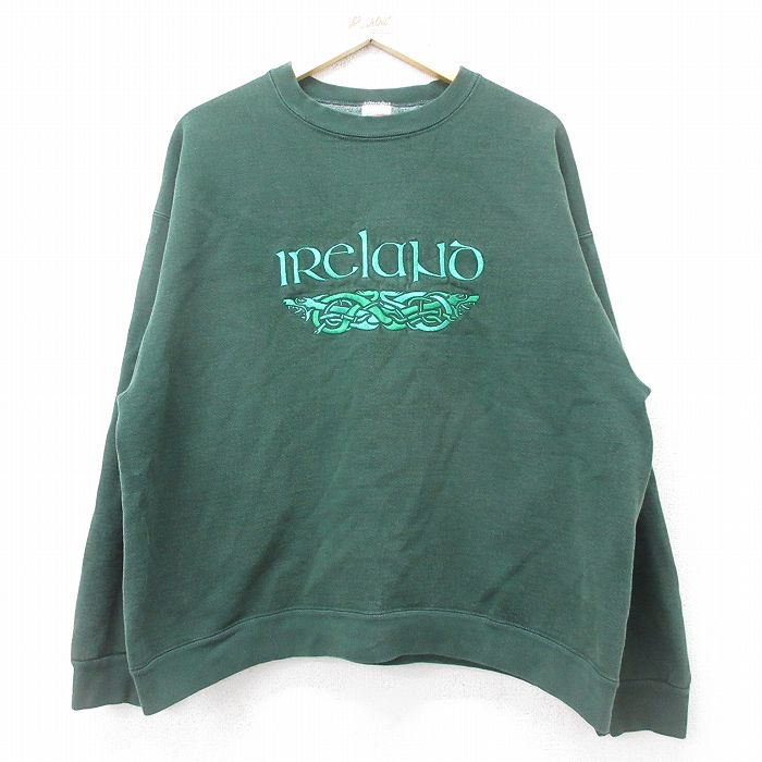 XL★古着 フルーツオブザルーム 長袖 スウェット メンズ 00年代 00s アイルランド 刺繍 大きいサイズ クルーネック 緑 グリーン 24sep21 中古 スエット トレーナー トップス
