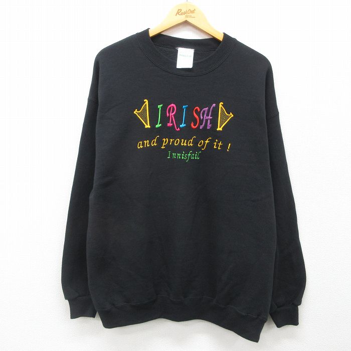 XL★古着 長袖 スウェット メンズ 00年代 00s アイリッシュ 刺繍 クルーネック 黒 ブラック 24nov02 中古 スエット トレーナー トップス