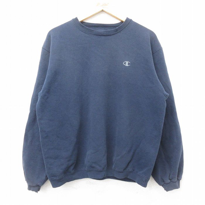 L★古着 チャンピオン champion 長袖 スウェット メンズ 00年代 00s ワンポイントロゴ クルーネック 紺 ネイビー 24nov05 中古 スエット トレーナー トップス