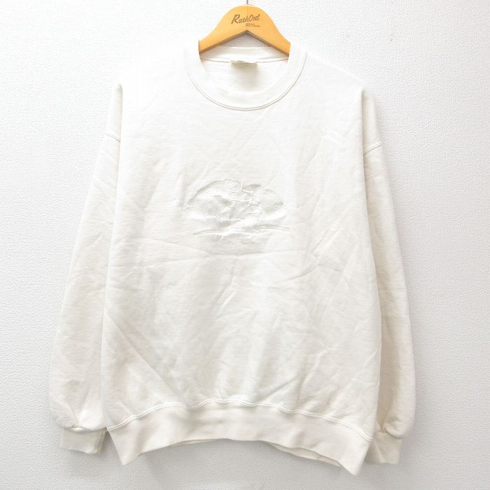 【50%OFF】L★古着 長袖 スウェット メンズ 90年代 90s 木 刺繍 クルーネック USA製 生成り 24nov05 中古 スエット トレーナー トップス