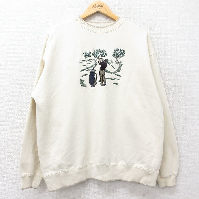 L★古着 長袖 スウェット メンズ 90年代 90s ゴルフ 刺繍 クルーネック 生成り 24nov06 中古 スエット トレーナー トップス