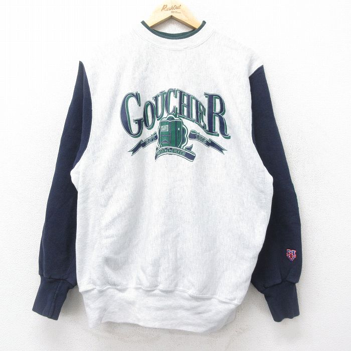 XL★古着 MVスポーツ 長袖 スウェット メンズ 90年代 90s GOUCHER カレッジ ヒジ当て クルーネック USA製 薄グレー 霜降り他 【spe】 24nov06 中古 スエット トレーナー トップス