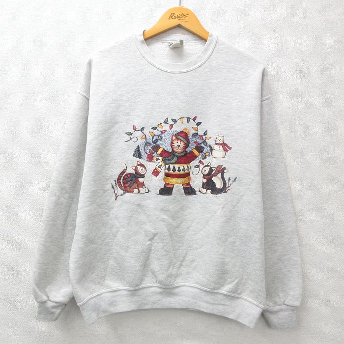 L★古着 リー Lee 長袖 スウェット メンズ 00年代 00s ネコ クルーネック 薄グレー 霜降り 24nov07 中古 スエット トレーナー トップス