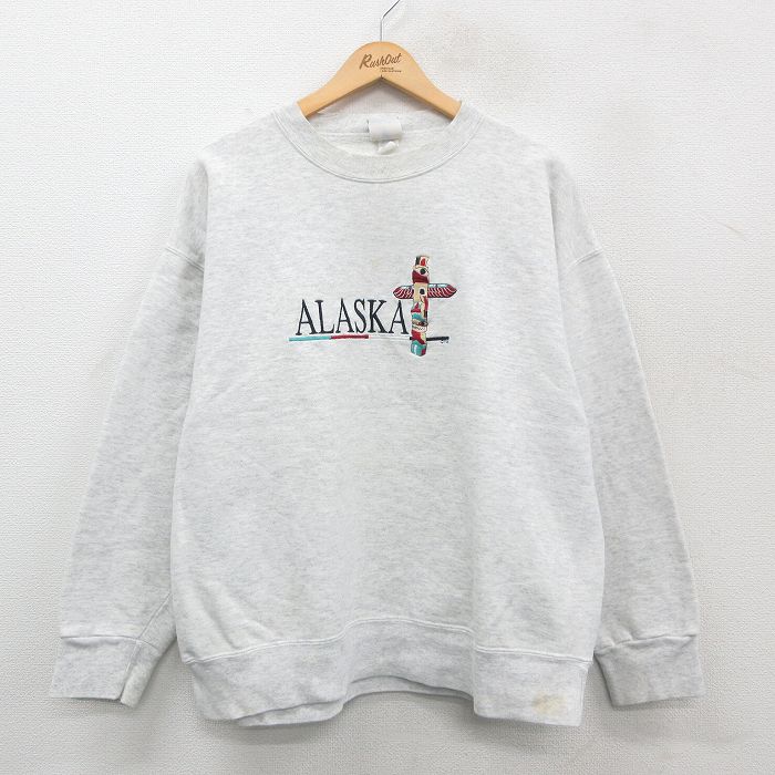【50%OFF】XL★古着 長袖 スウェット メンズ 00年代 00s アラスカ 刺繍 クルーネック 薄グレー 霜降り 24nov07 中古 スエット トレーナー トップス