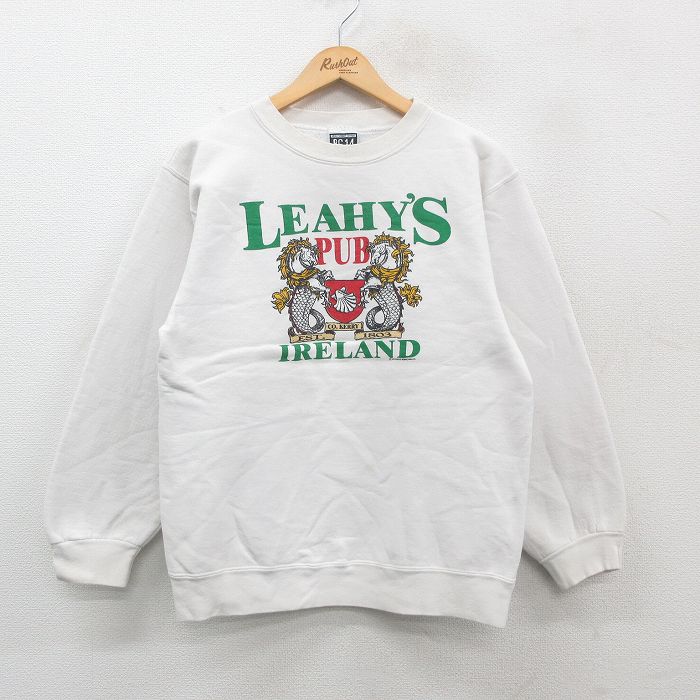 M★古着 長袖 スウェット メンズ 90年代 90s LEAHYS アイルランド クルーネック USA製 白 ホワイト 24nov07 中古 スエット トレーナー トップス