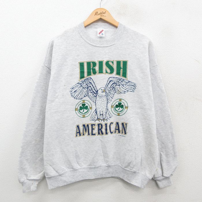 【50%OFF】L★古着 ジャージーズ 長袖 スウェット メンズ 90年代 90s ワシ アイリッシュ クルーネック USA製 薄グレー 霜降り 24nov07 中古 スエット トレーナー トップス