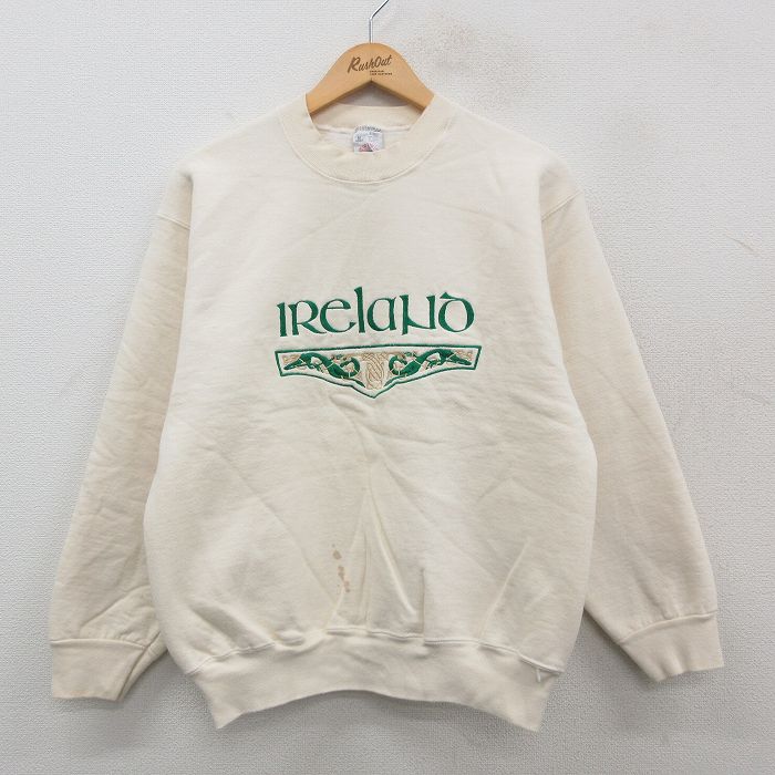 M★古着 フルーツオブザルーム 長袖 スウェット メンズ 90年代 90s アイルランド 刺繍 クルーネック USA製 生成り 24nov07 中古 スエット トレーナー トップス