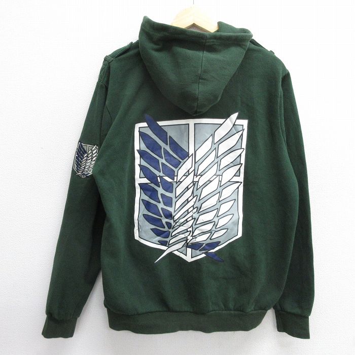 L★古着 長袖 フルジップ スウェット パーカー メンズ アニメ 進撃の巨人 緑 グリーン 【spe】 24nov07 中古 スエット トレーナー トップス