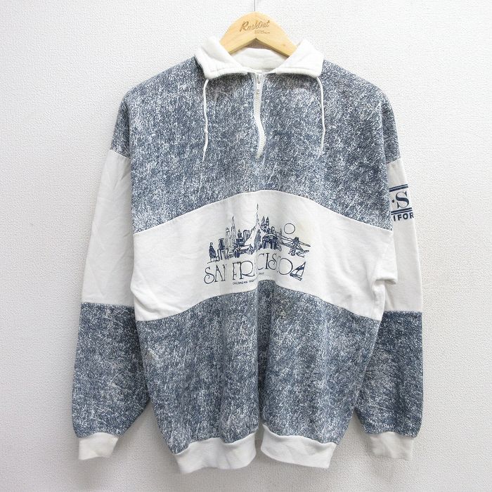 L★古着 長袖 ハーフジップ スウェット メンズ 90年代 90s サンフランシスコ 襟付き USA製 白他 ホワイト 24nov07 中古 スエット トレーナー トップス