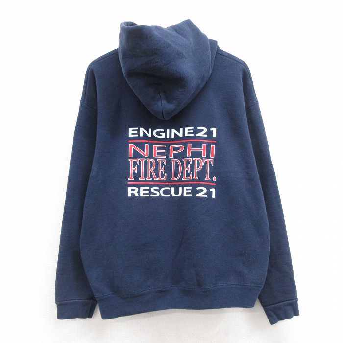 XL★古着 フルーツオブザルーム 長袖 スウェット パーカー メンズ 消防署 紺 ネイビー 24nov08 中古 スエット トレーナー トップス
